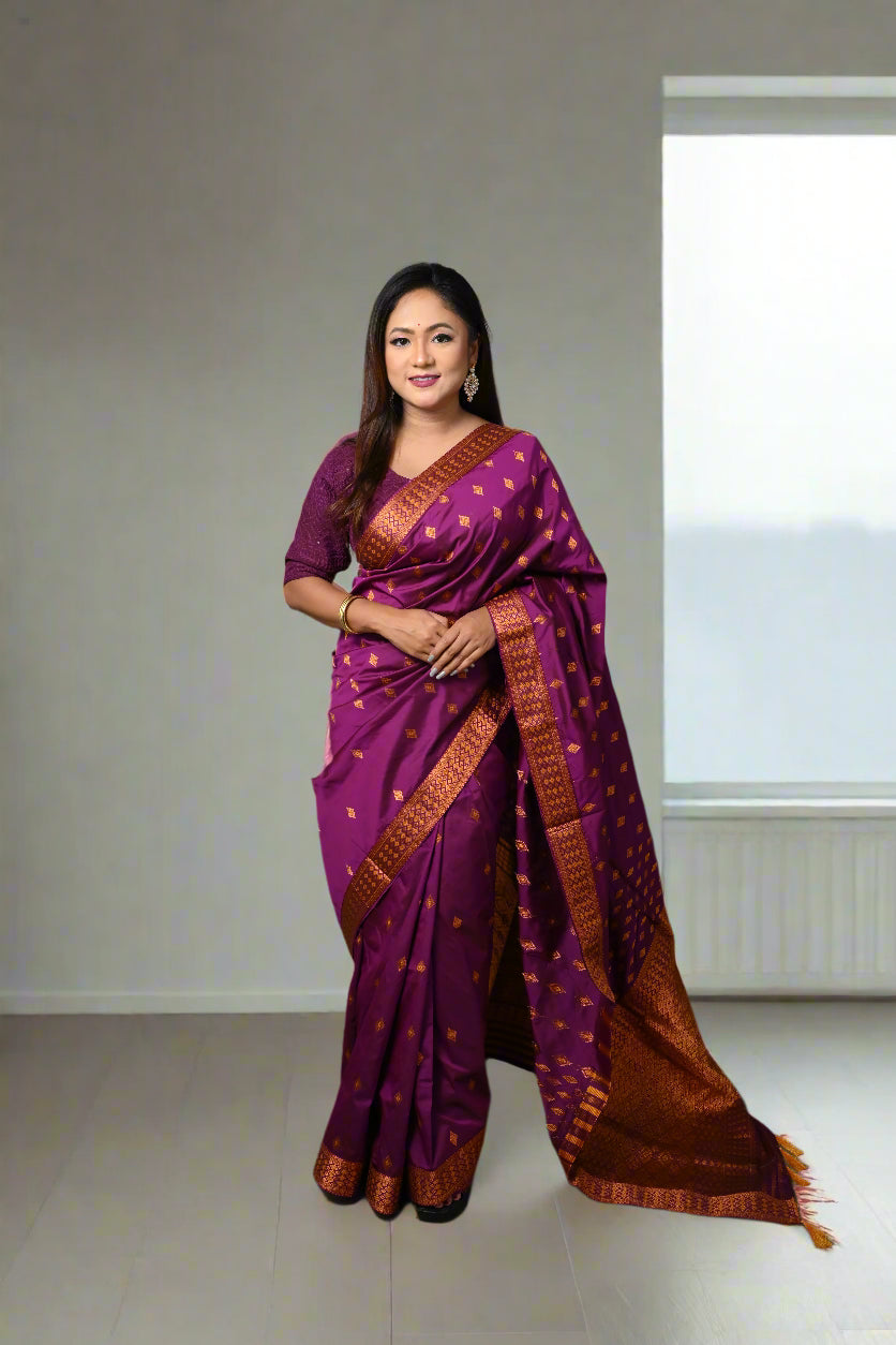 Assam Handmade Purple & Gold Mixed Pat Silk Mix Saree